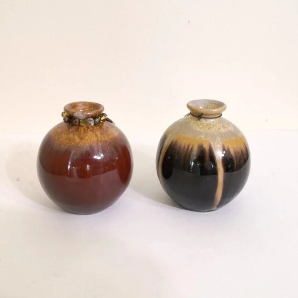 Faith And Serenity Crystalline Glazed Beaded Ceramic Bud Vases Set‎ of 2